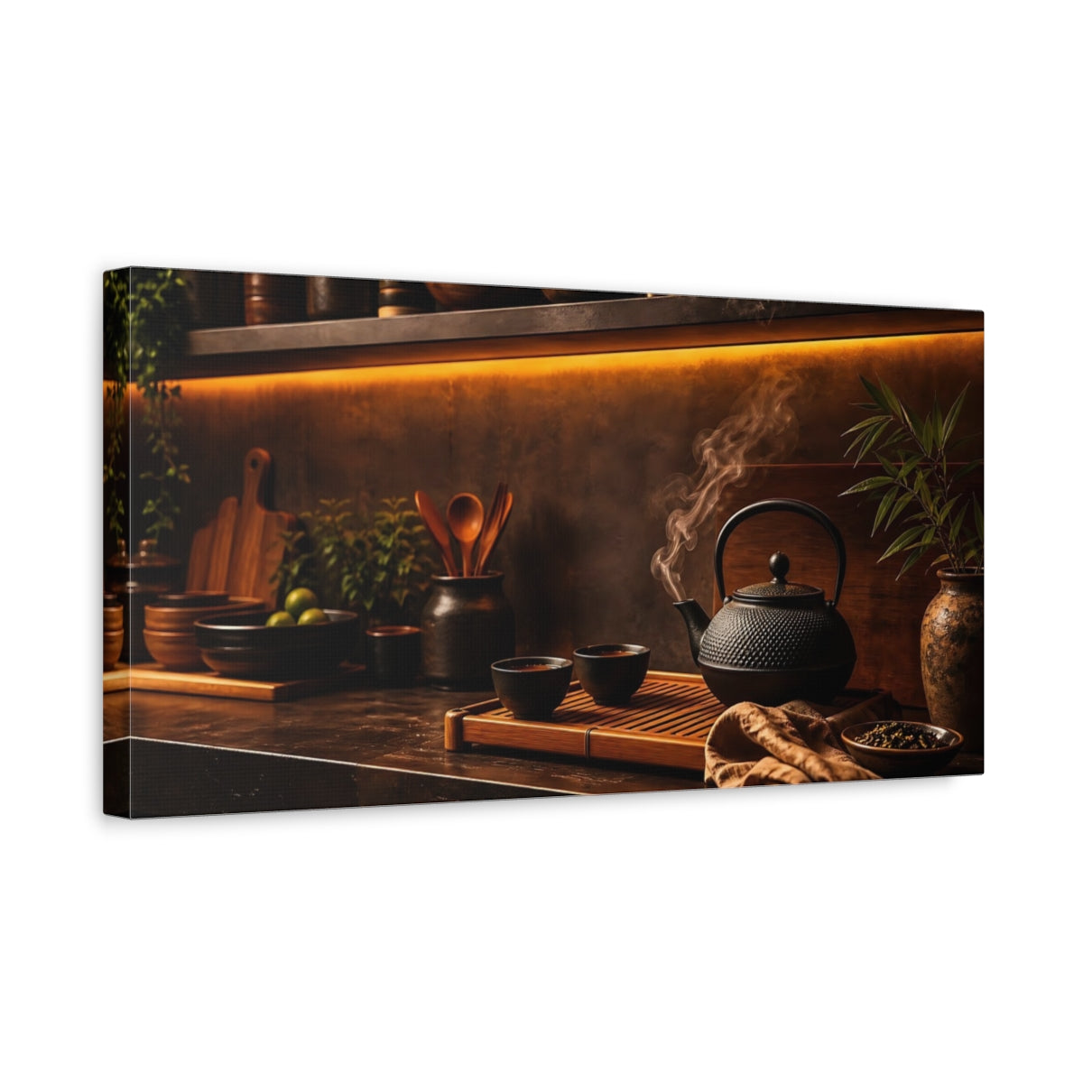Side Mockup 3. Rustic Steaming Teapot shown as canvas print