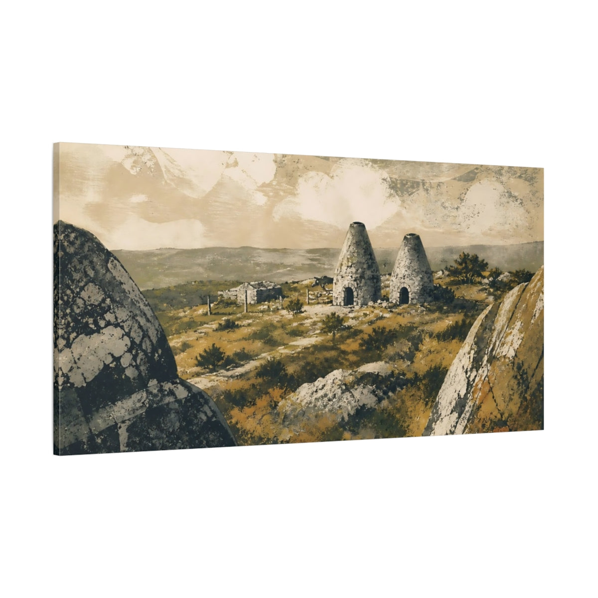 Side Mockup 2. Rustic Stone Lime Kilns shown as canvas print