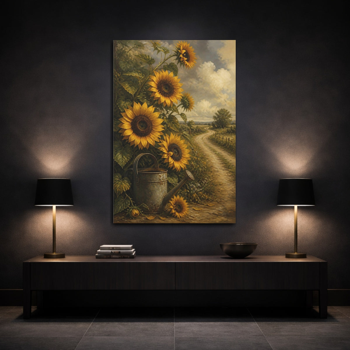 Mockup 3. Rustic Sunflowers & Watering Can shown as canvas print