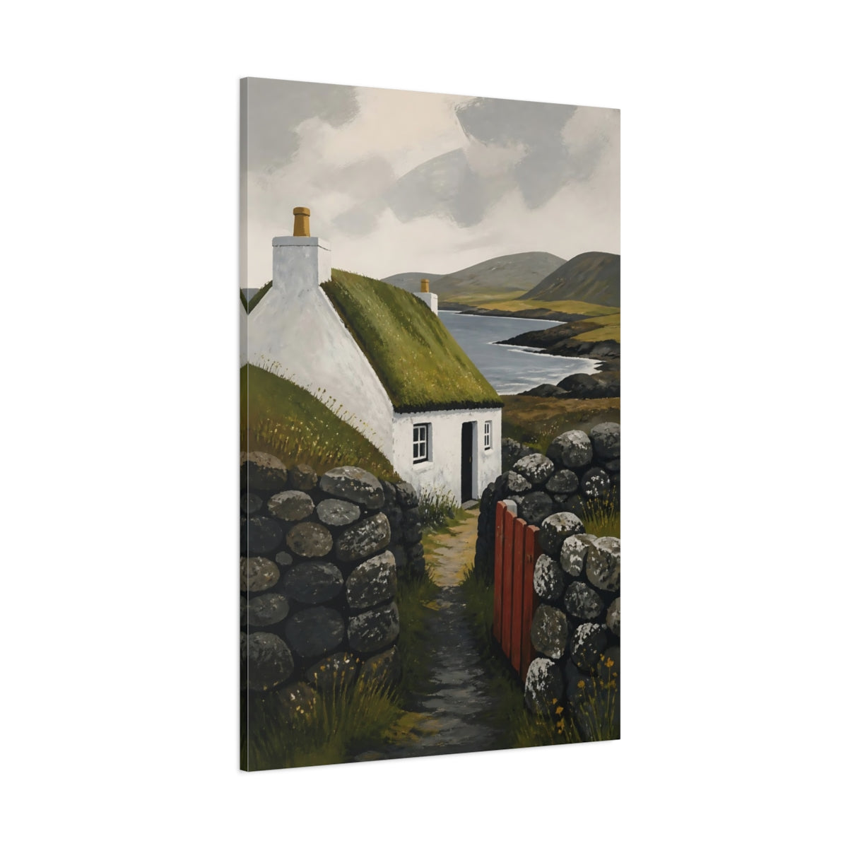Side Mockup 1. Rustic Turf Cottage shown as canvas print