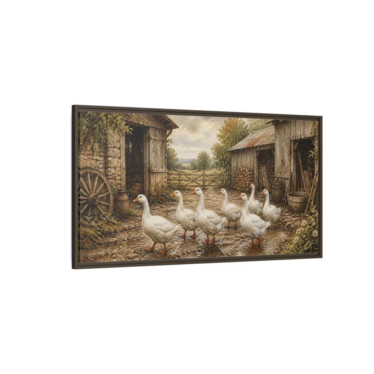 Side Mockup 4. Rustic White Geese Barnyard shown as framed canvas print