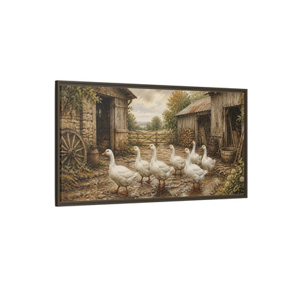 Side Mockup 4. Rustic White Geese Barnyard shown as framed canvas print