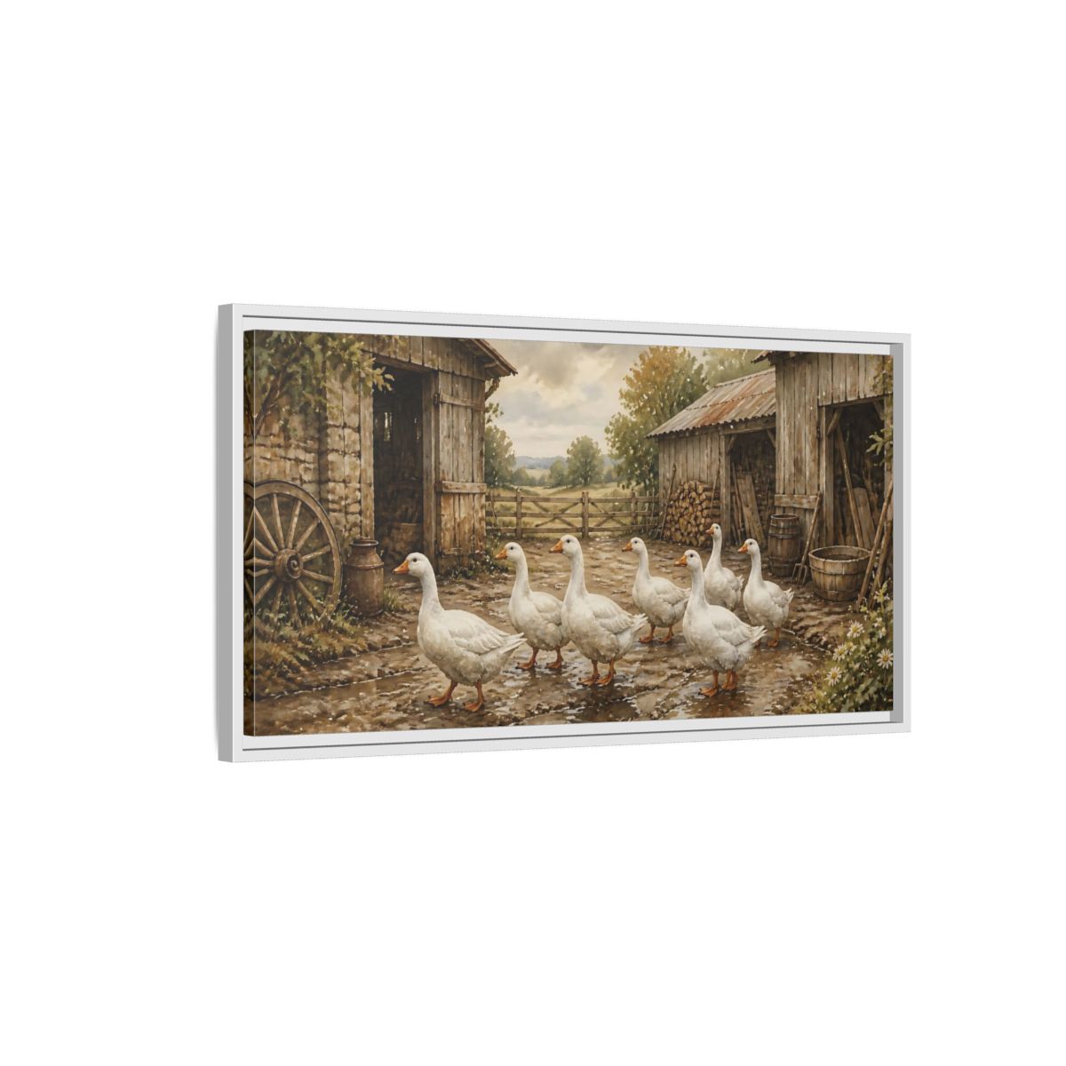 Side Mockup 1. Rustic White Geese Barnyard shown as framed canvas print