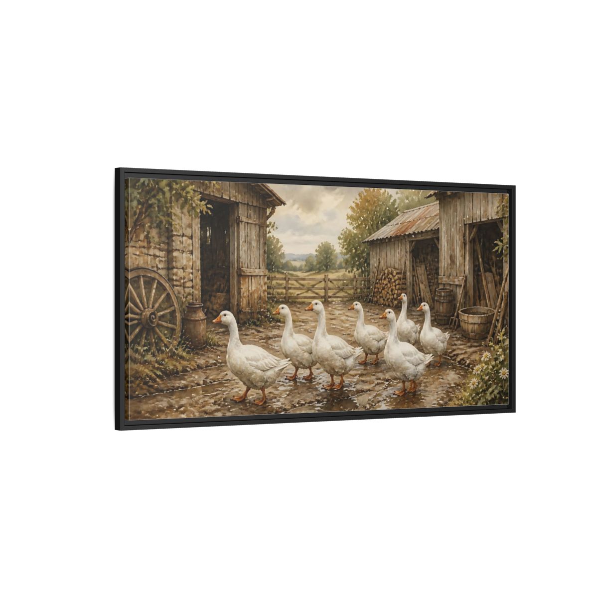 Side Mockup 5. Rustic White Geese Barnyard shown as framed canvas print