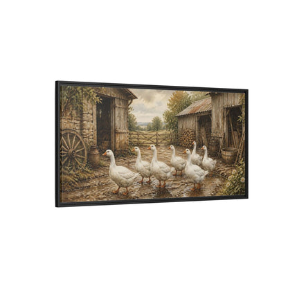 Side Mockup 5. Rustic White Geese Barnyard shown as framed canvas print