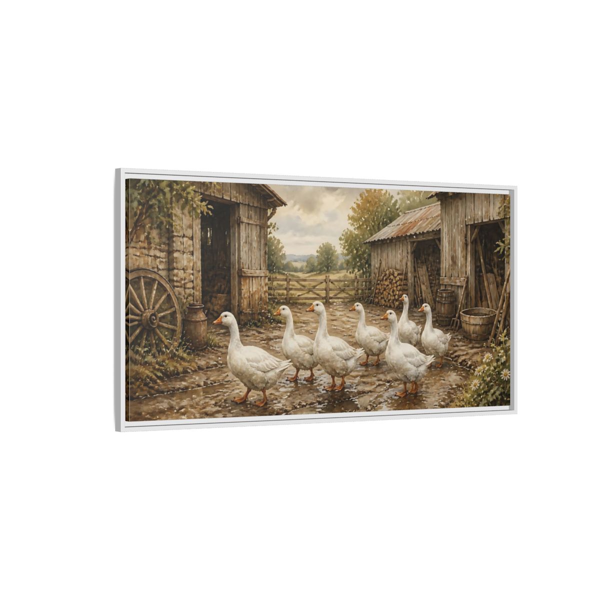 Side Mockup 3. Rustic White Geese Barnyard shown as framed canvas print