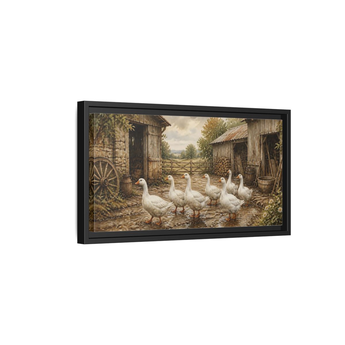 Side Mockup 8. Rustic White Geese Barnyard shown as framed canvas print