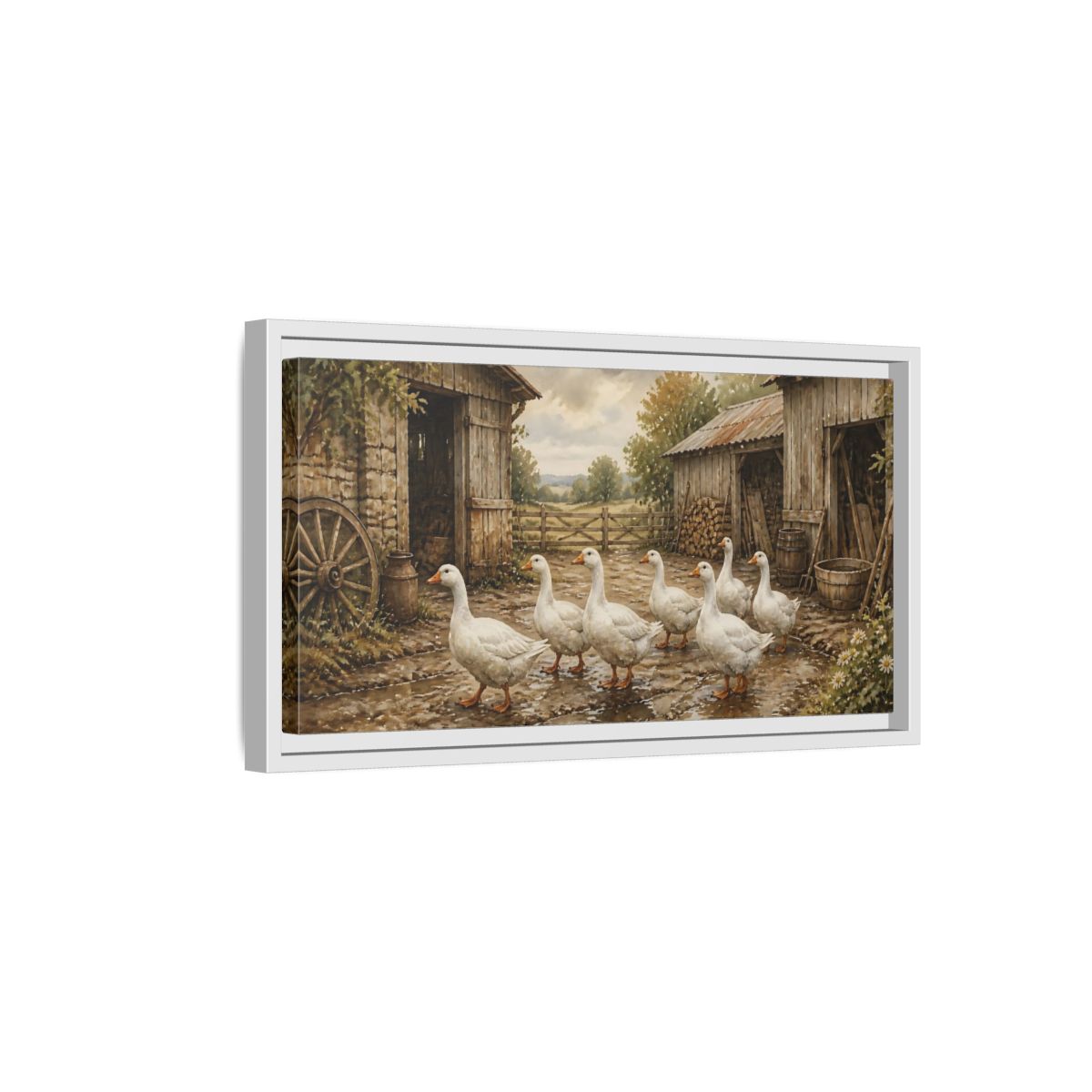 Side Mockup 6. Rustic White Geese Barnyard shown as framed canvas print