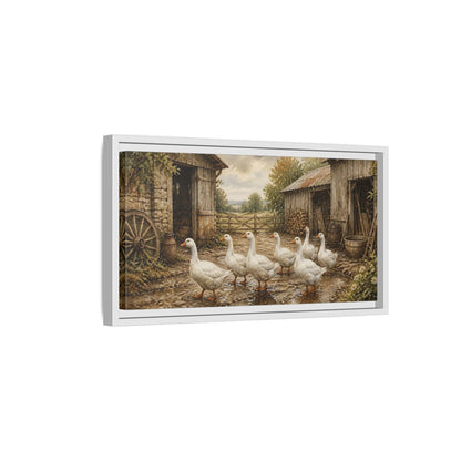 Side Mockup 6. Rustic White Geese Barnyard shown as framed canvas print