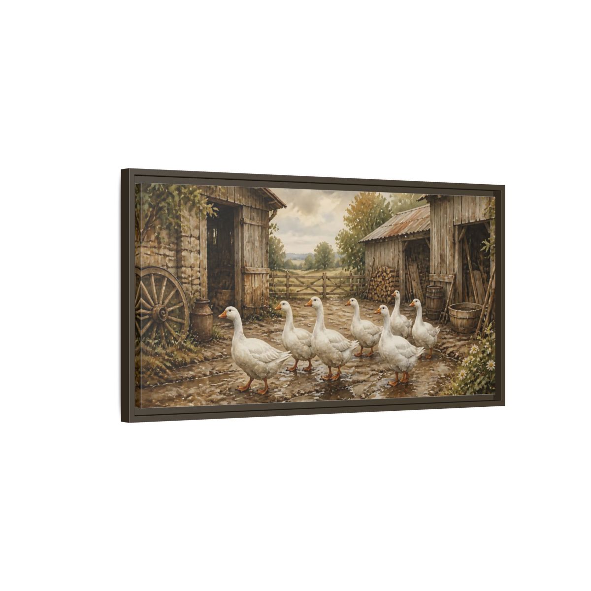 Main Mockup. Rustic White Geese Barnyard shown as framed canvas print