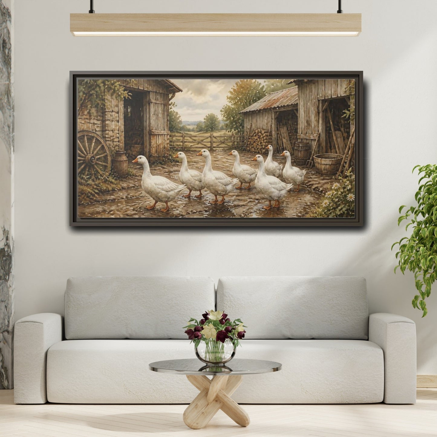 Mockup 2. Rustic White Geese Barnyard shown as framed canvas print