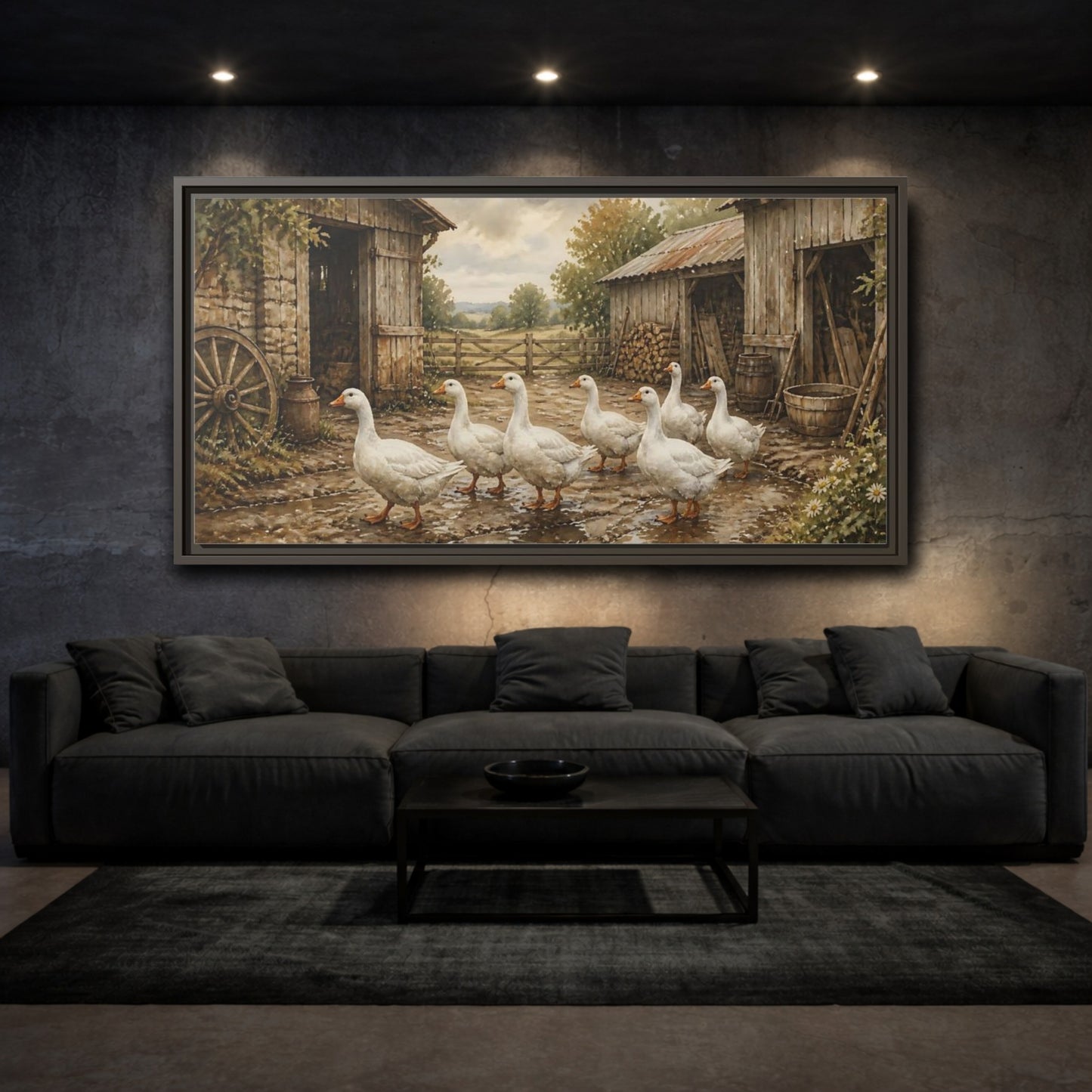 Mockup 3. Rustic White Geese Barnyard shown as framed canvas print