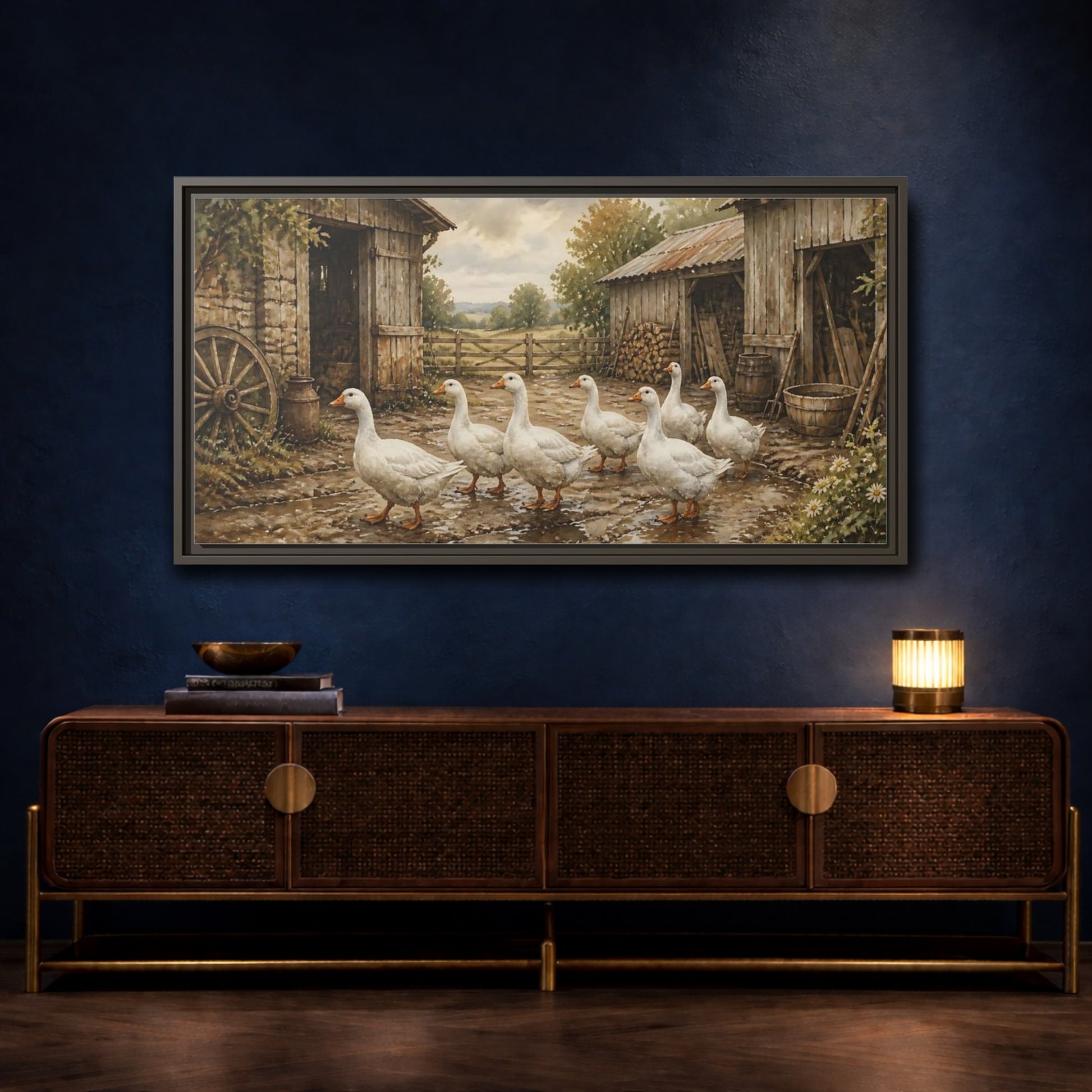 Mockup 4. Rustic White Geese Barnyard shown as framed canvas print