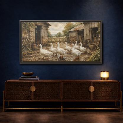 Mockup 4. Rustic White Geese Barnyard shown as framed canvas print