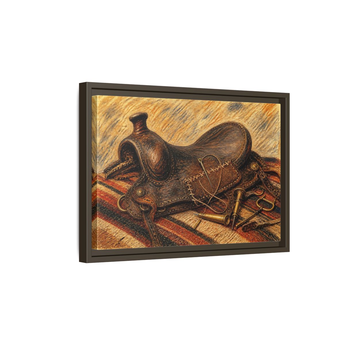 Side Mockup 5. Saddle Repair Still Life shown as framed canvas print