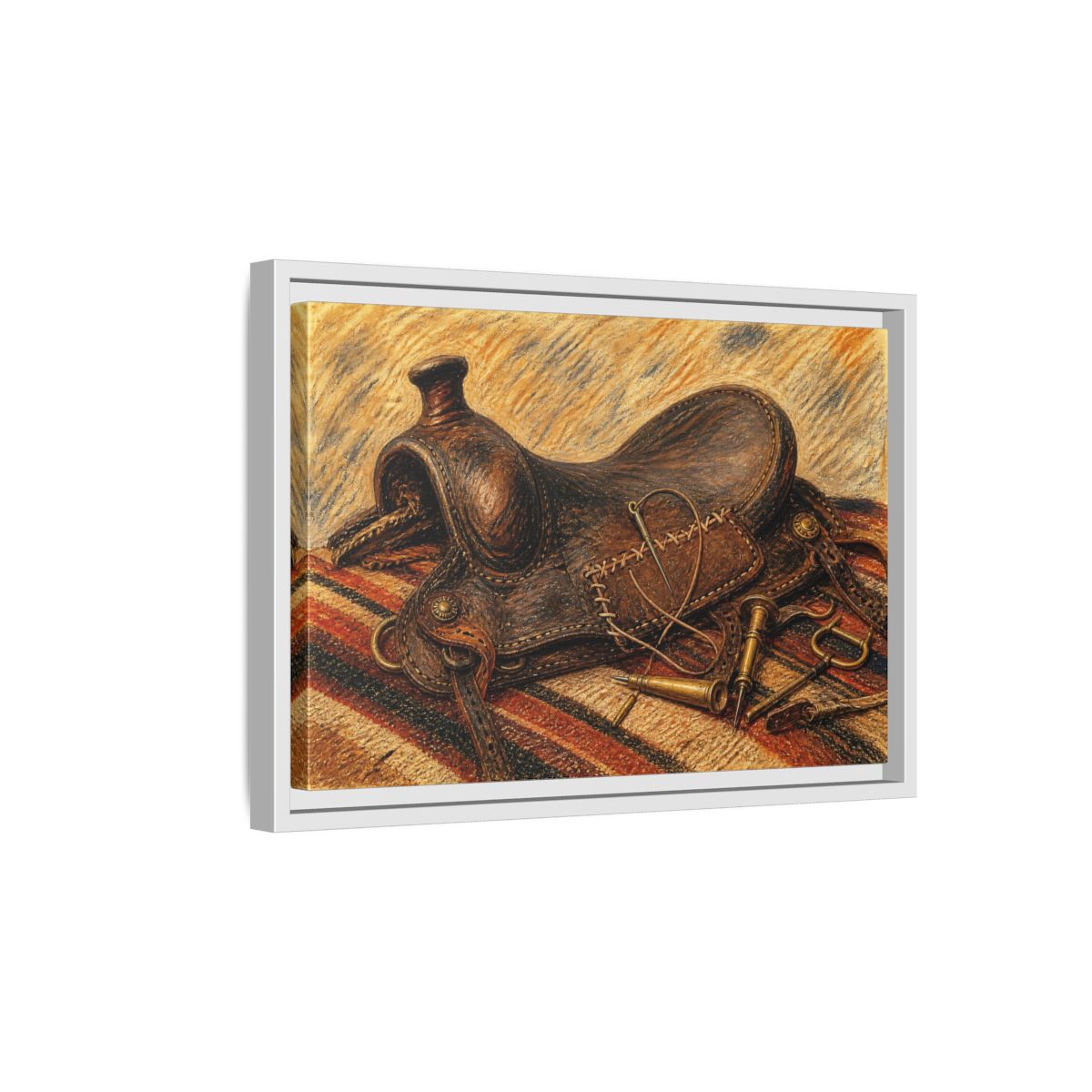Side Mockup 4. Saddle Repair Still Life shown as framed canvas print