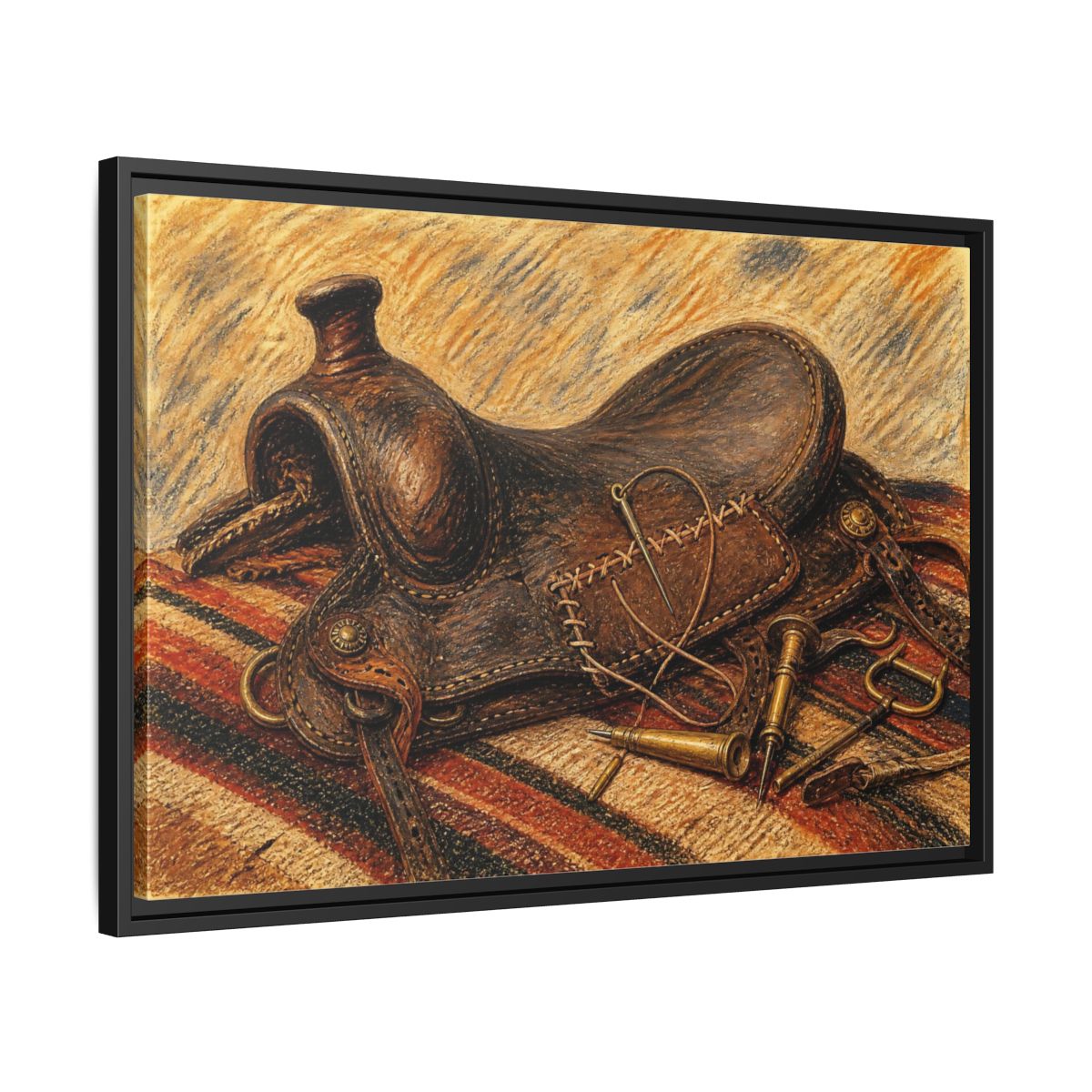 Side Mockup 14. Saddle Repair Still Life shown as framed canvas print