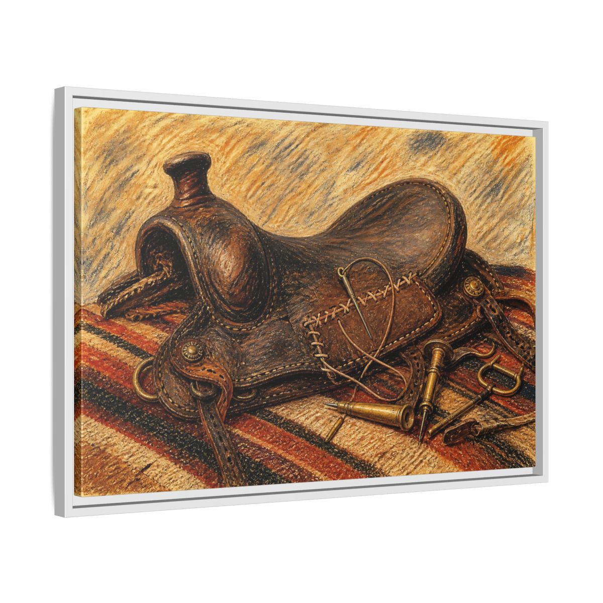 Side Mockup 10. Saddle Repair Still Life shown as framed canvas print
