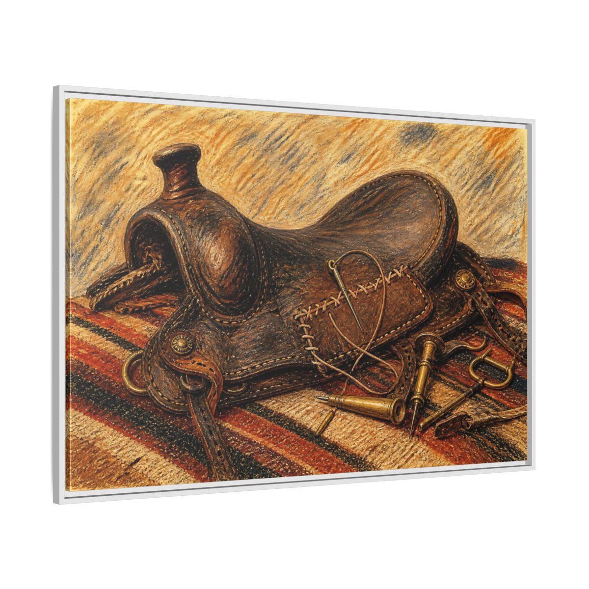 Side Mockup 7. Saddle Repair Still Life shown as framed canvas print