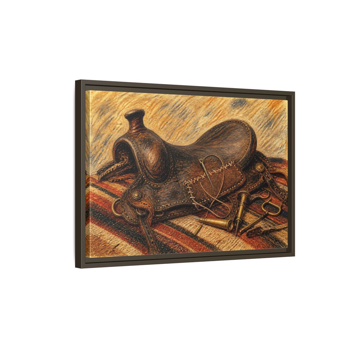 Side Mockup 2. Saddle Repair Still Life shown as framed canvas print