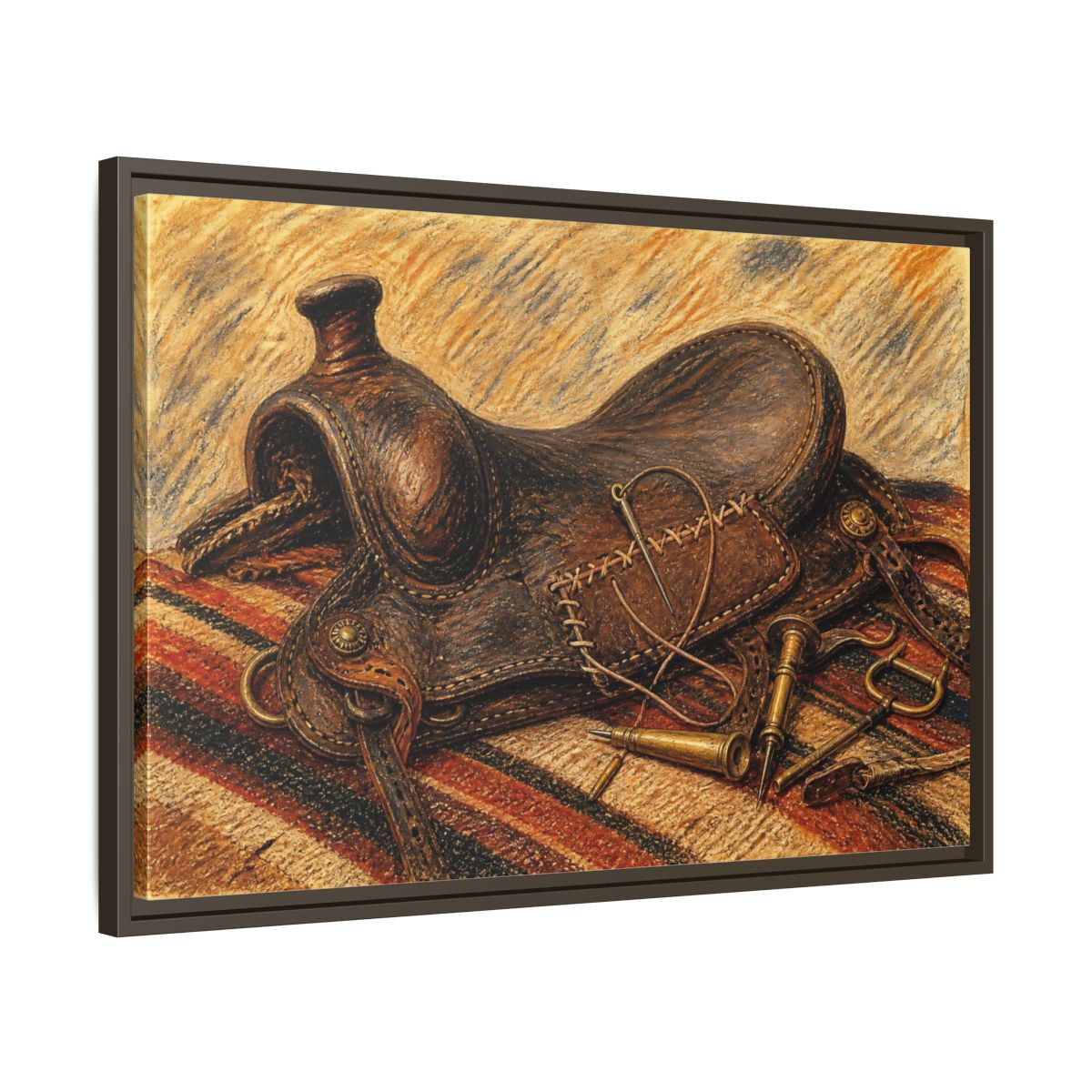 Side Mockup 11. Saddle Repair Still Life shown as framed canvas print