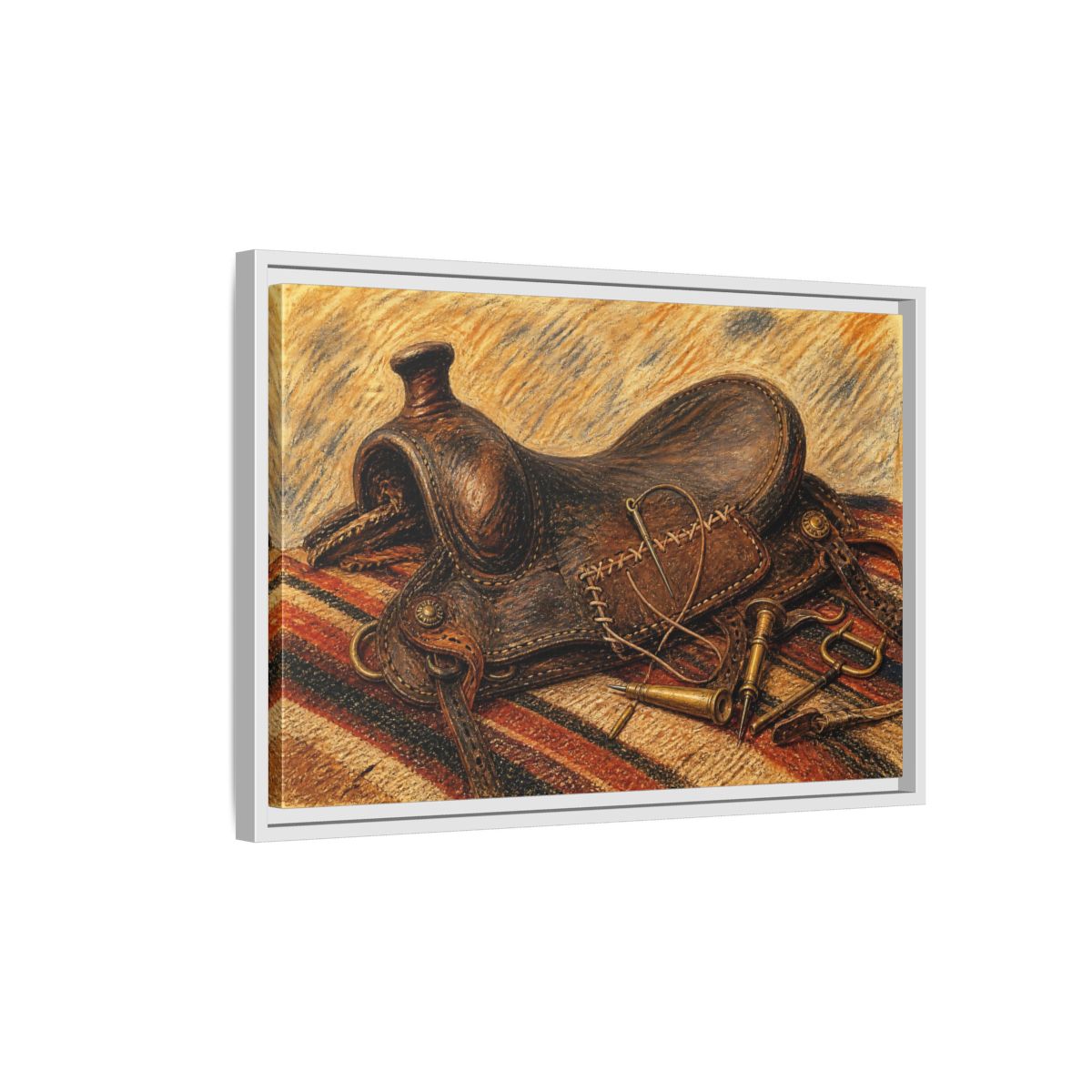 Side Mockup 1. Saddle Repair Still Life shown as framed canvas print