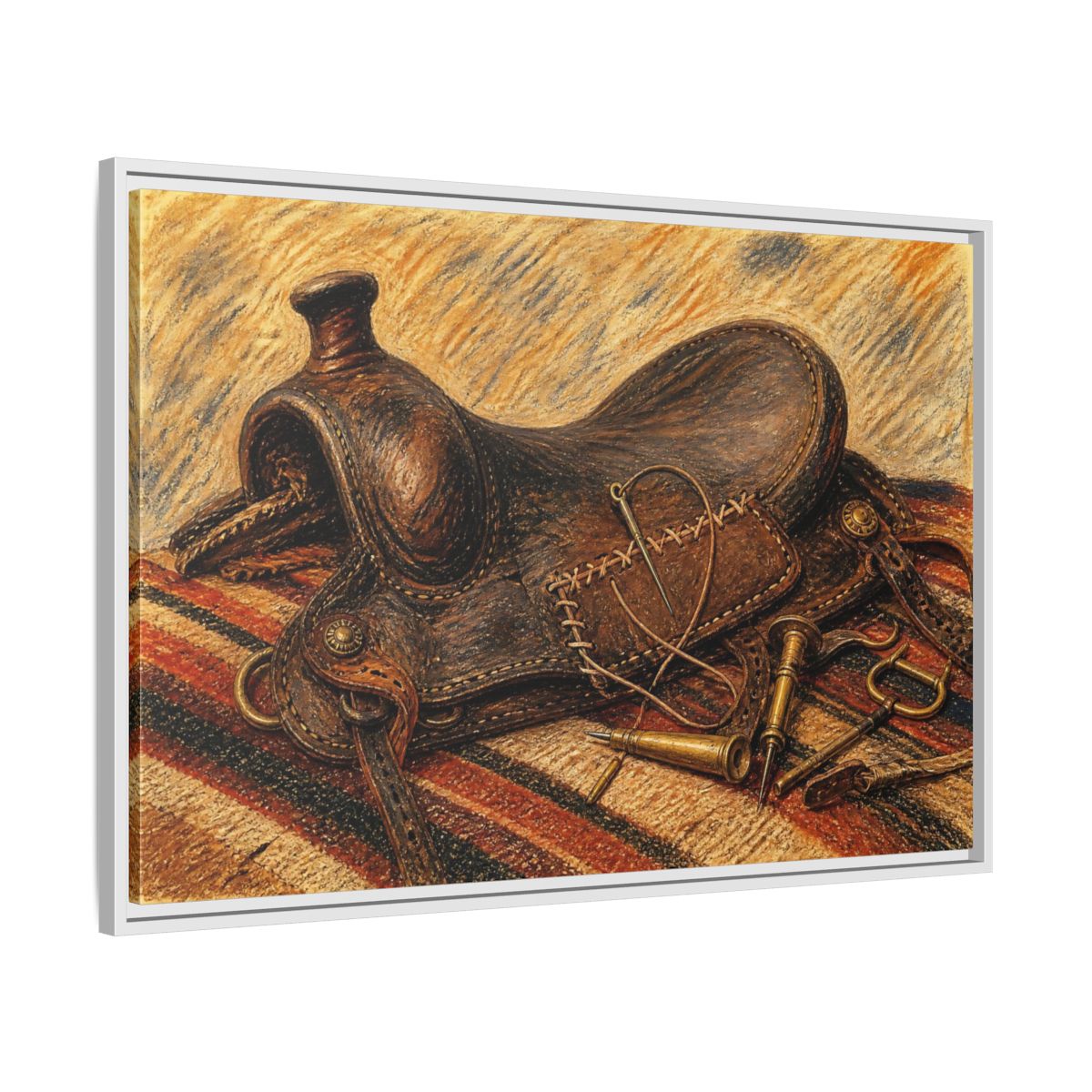 Side Mockup 9. Saddle Repair Still Life shown as framed canvas print