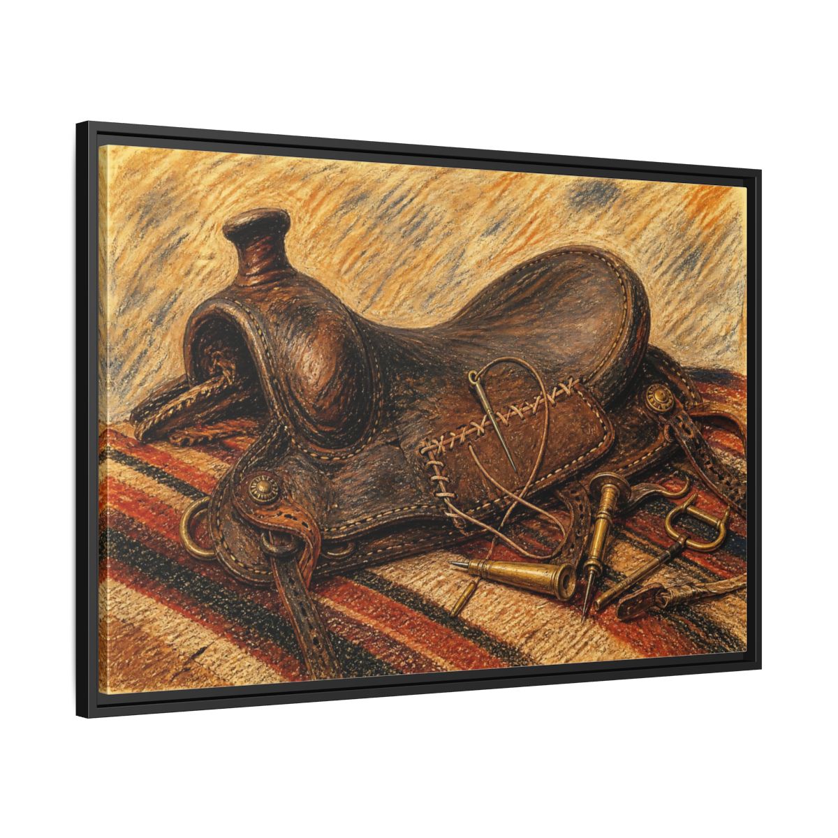 Side Mockup 13. Saddle Repair Still Life shown as framed canvas print
