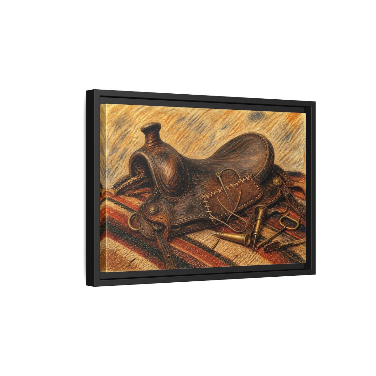 Side Mockup 6. Saddle Repair Still Life shown as framed canvas print