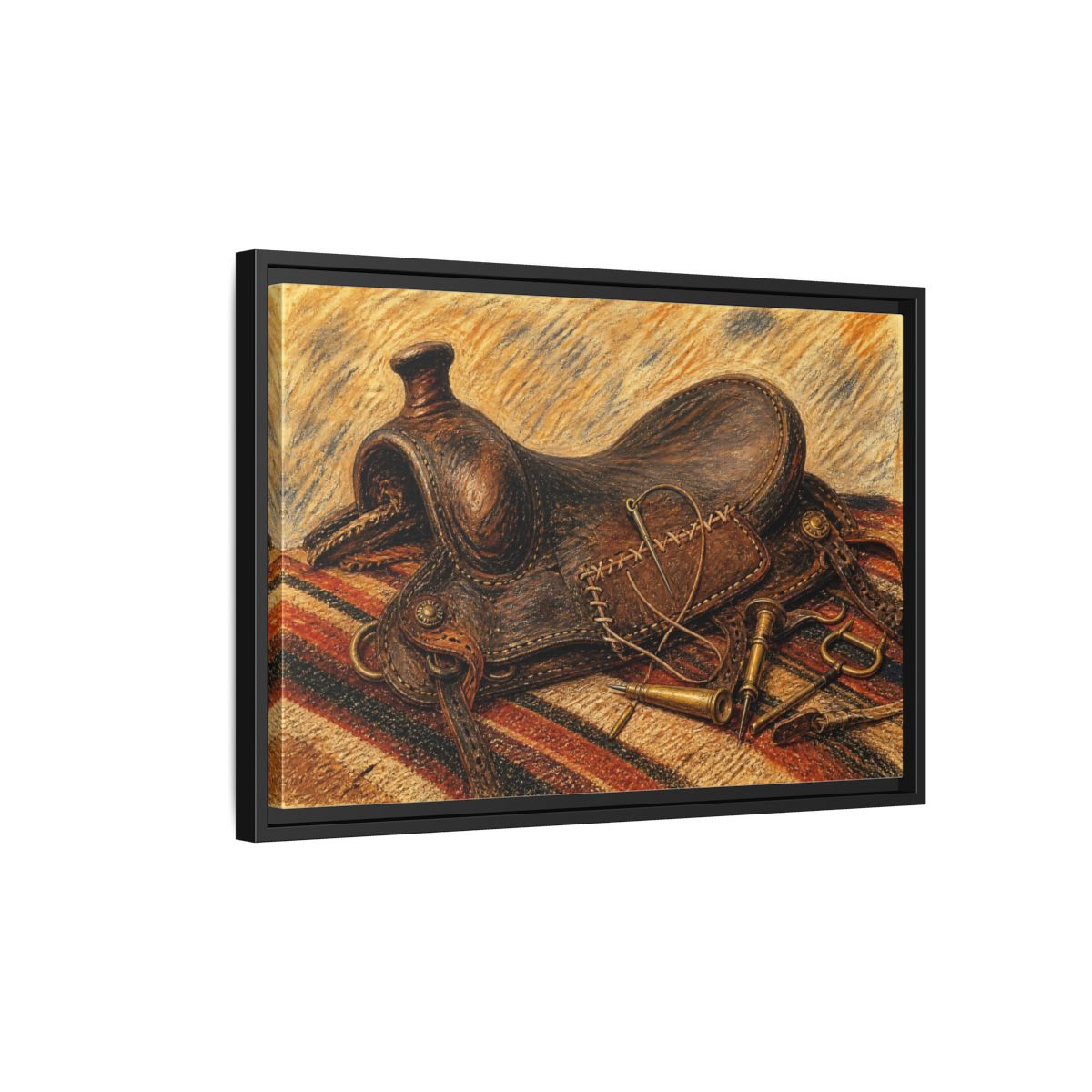 Side Mockup 3. Saddle Repair Still Life shown as framed canvas print