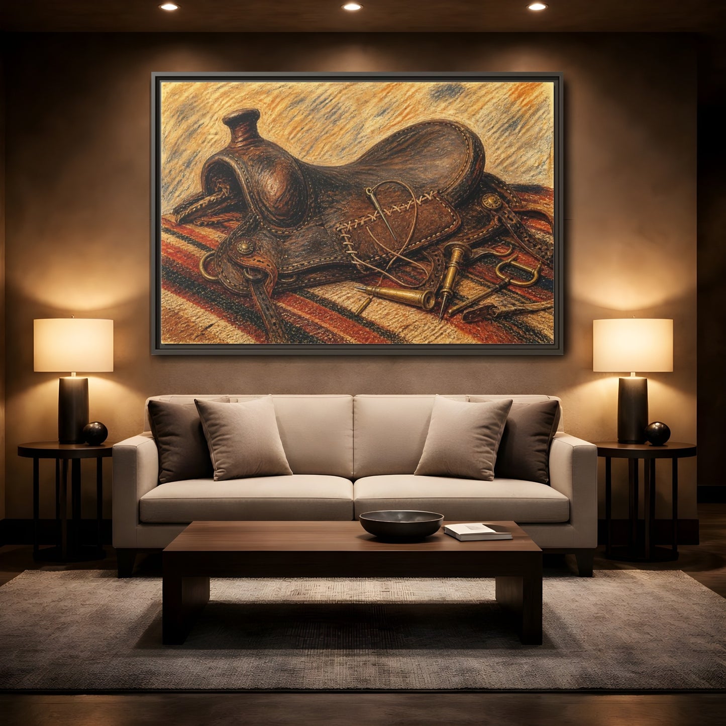 Mockup 2. Saddle Repair Still Life shown as framed canvas print