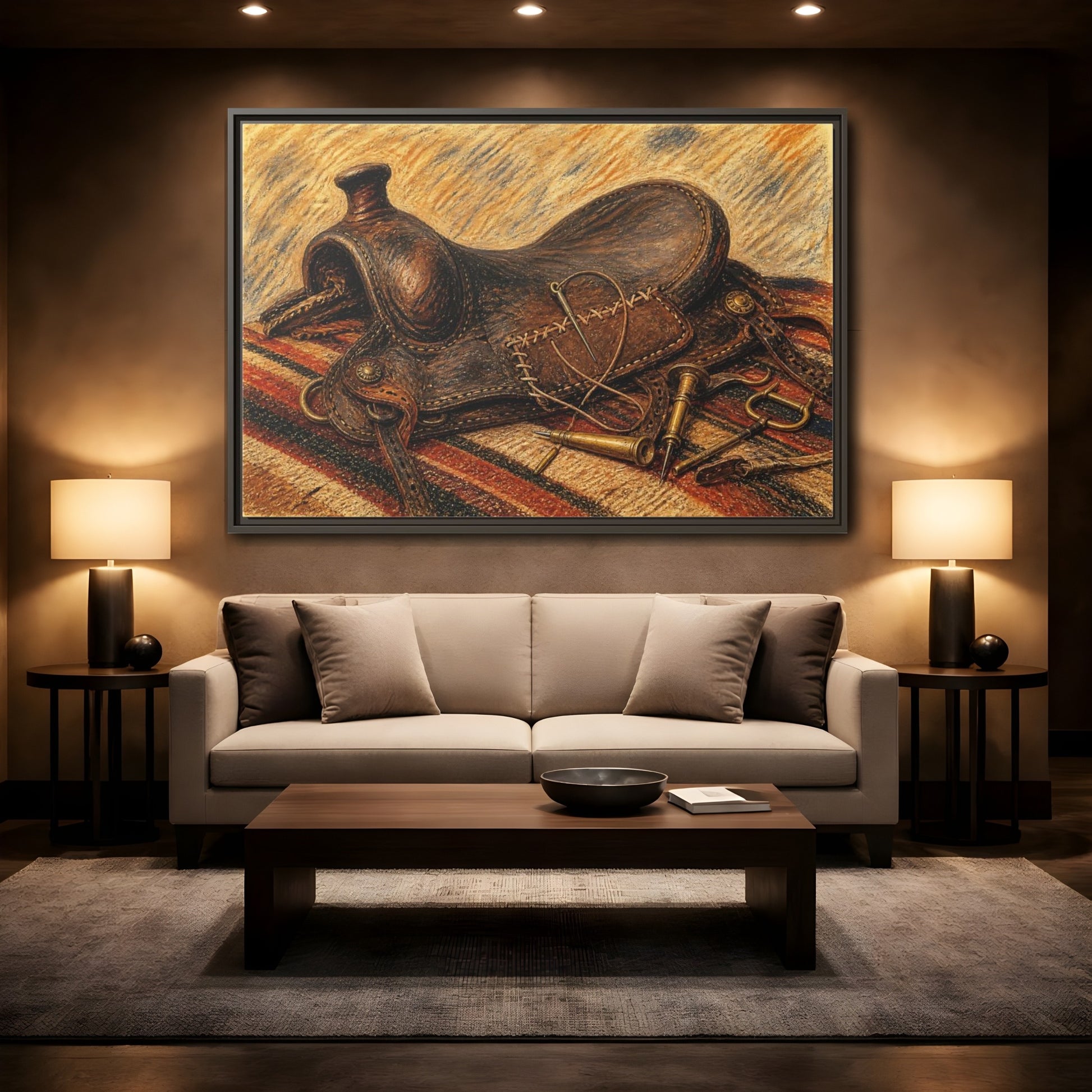 Mockup 2. Saddle Repair Still Life shown as framed canvas print
