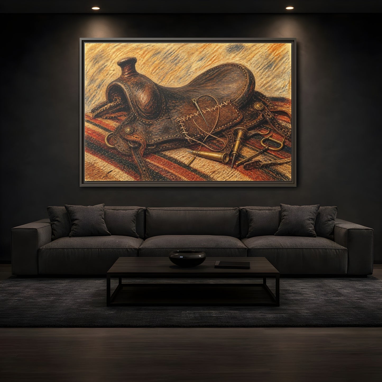 Mockup 3. Saddle Repair Still Life shown as framed canvas print