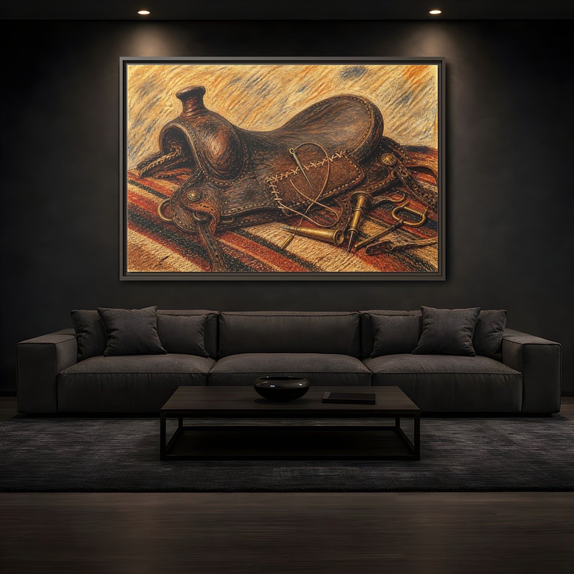 Mockup 3. Saddle Repair Still Life shown as framed canvas print