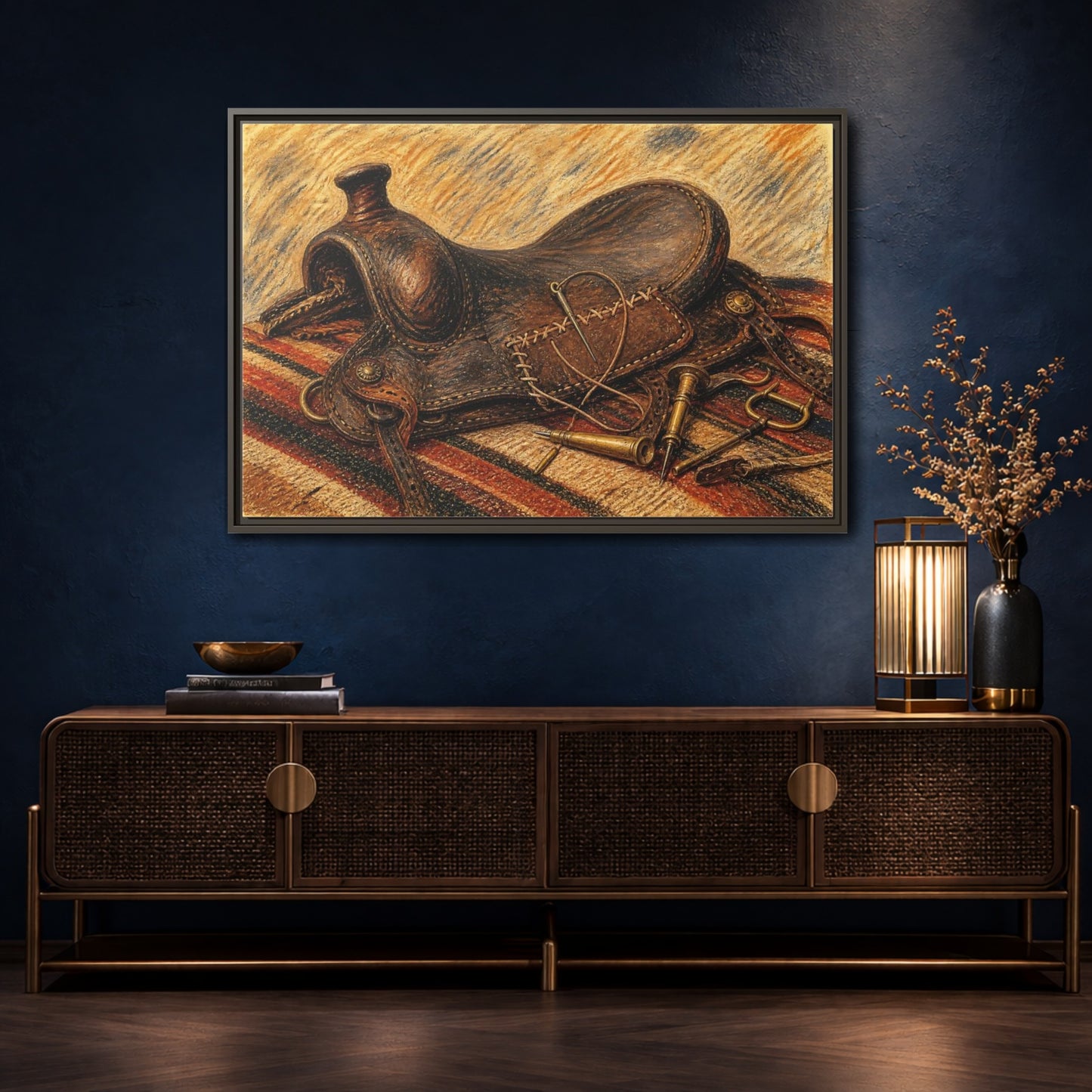 Mockup 4. Saddle Repair Still Life shown as framed canvas print