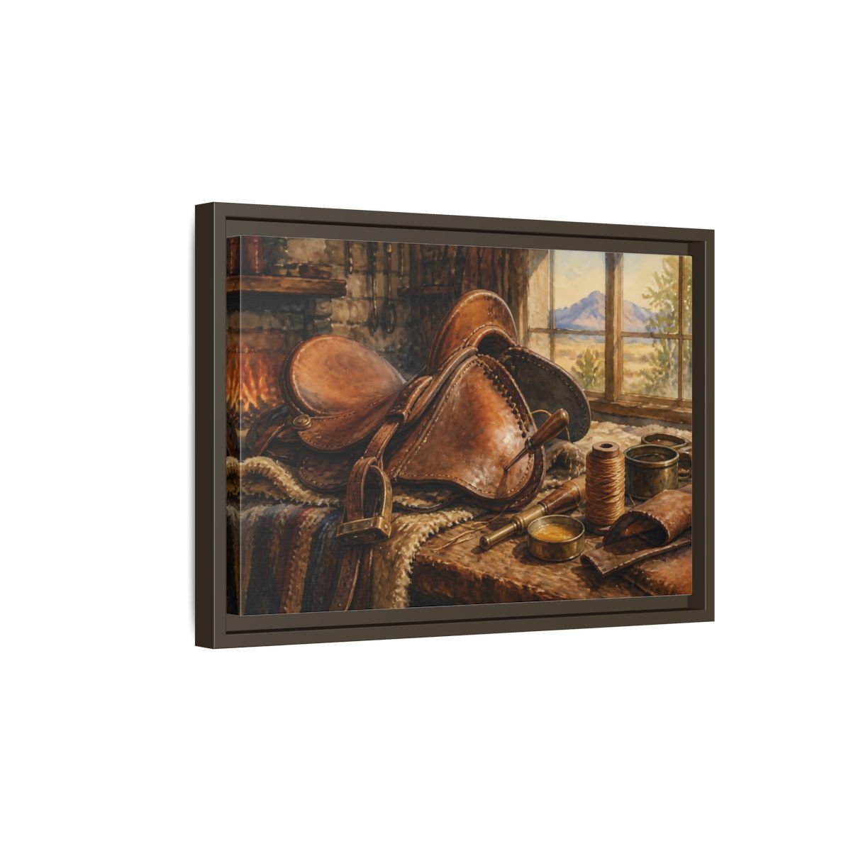 Side Mockup 5. Saddle Repair Workshop shown as framed canvas print