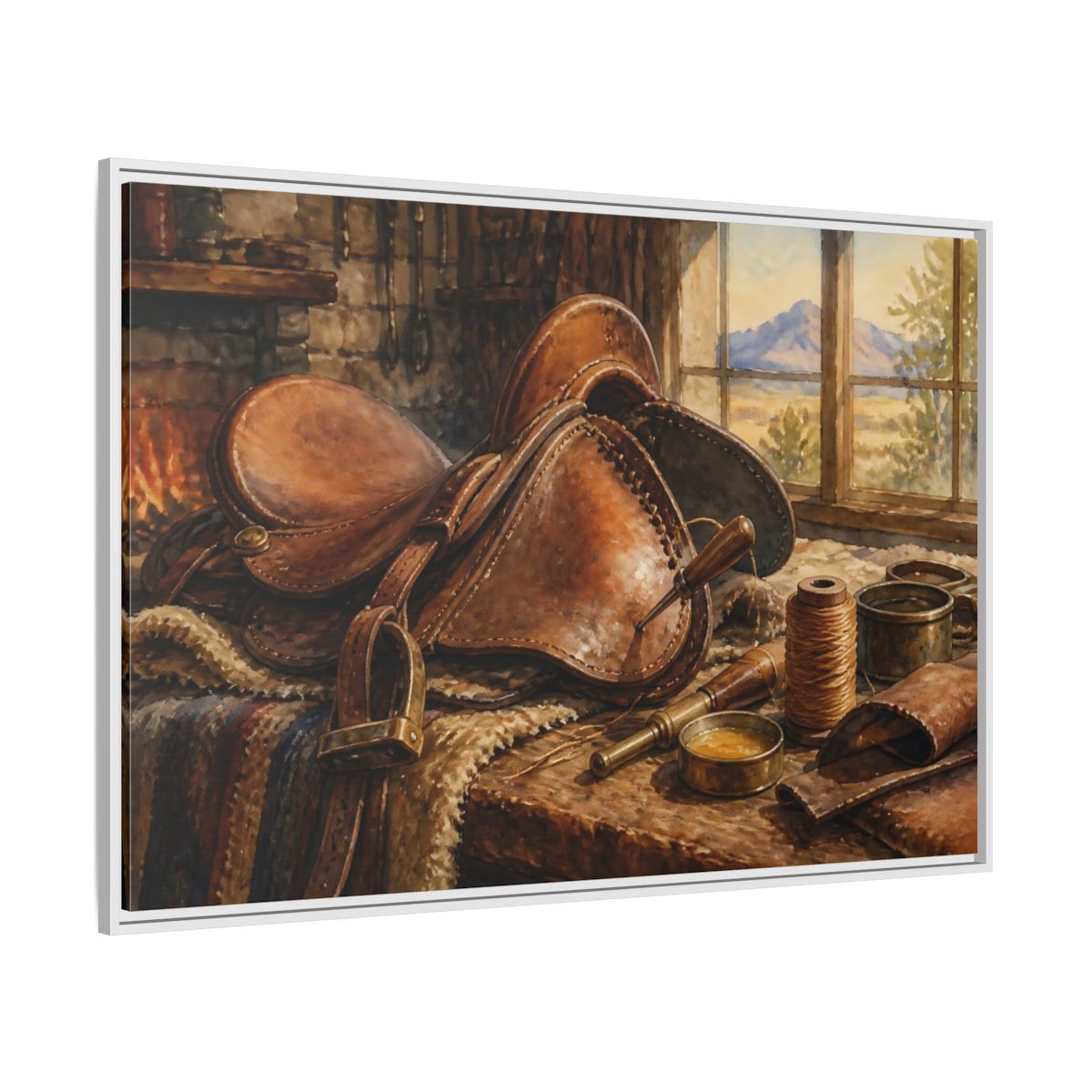 Side Mockup 7. Saddle Repair Workshop shown as framed canvas print
