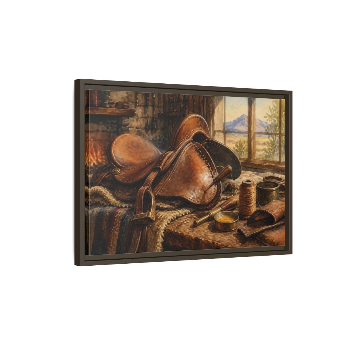Side Mockup 2. Saddle Repair Workshop shown as framed canvas print