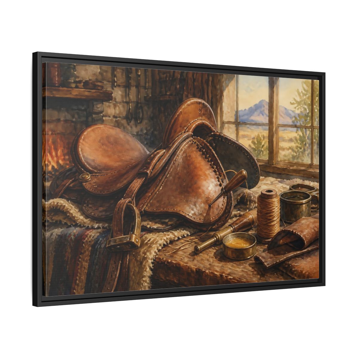 Side Mockup 13. Saddle Repair Workshop shown as framed canvas print