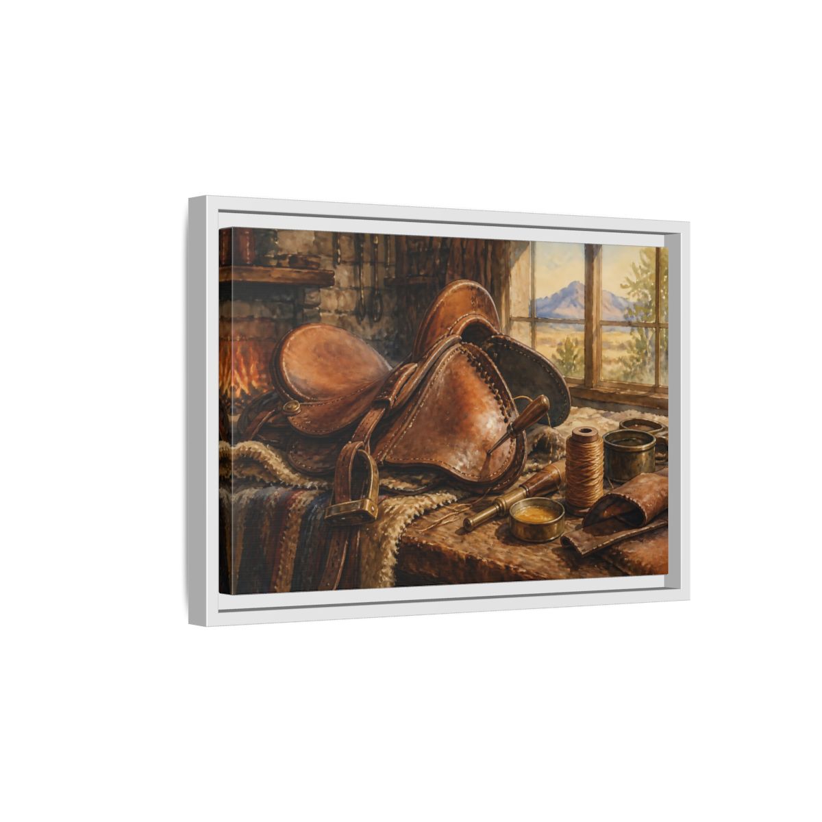 Side Mockup 4. Saddle Repair Workshop shown as framed canvas print