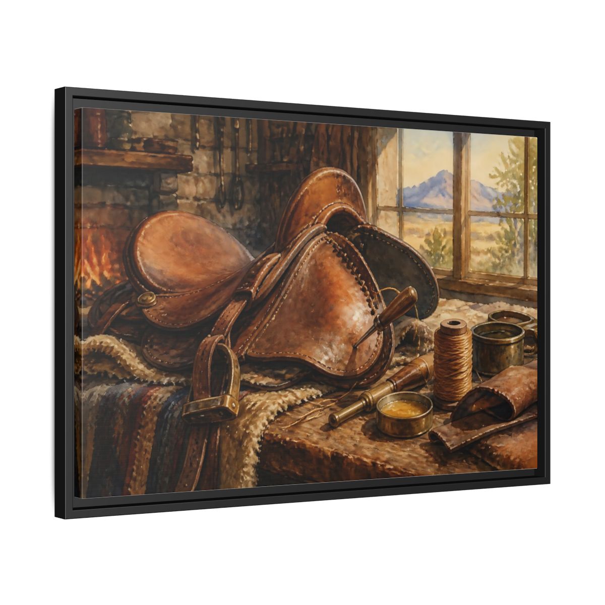 Side Mockup 14. Saddle Repair Workshop shown as framed canvas print