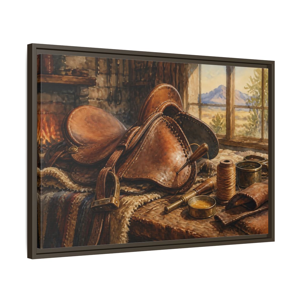 Side Mockup 11. Saddle Repair Workshop shown as framed canvas print