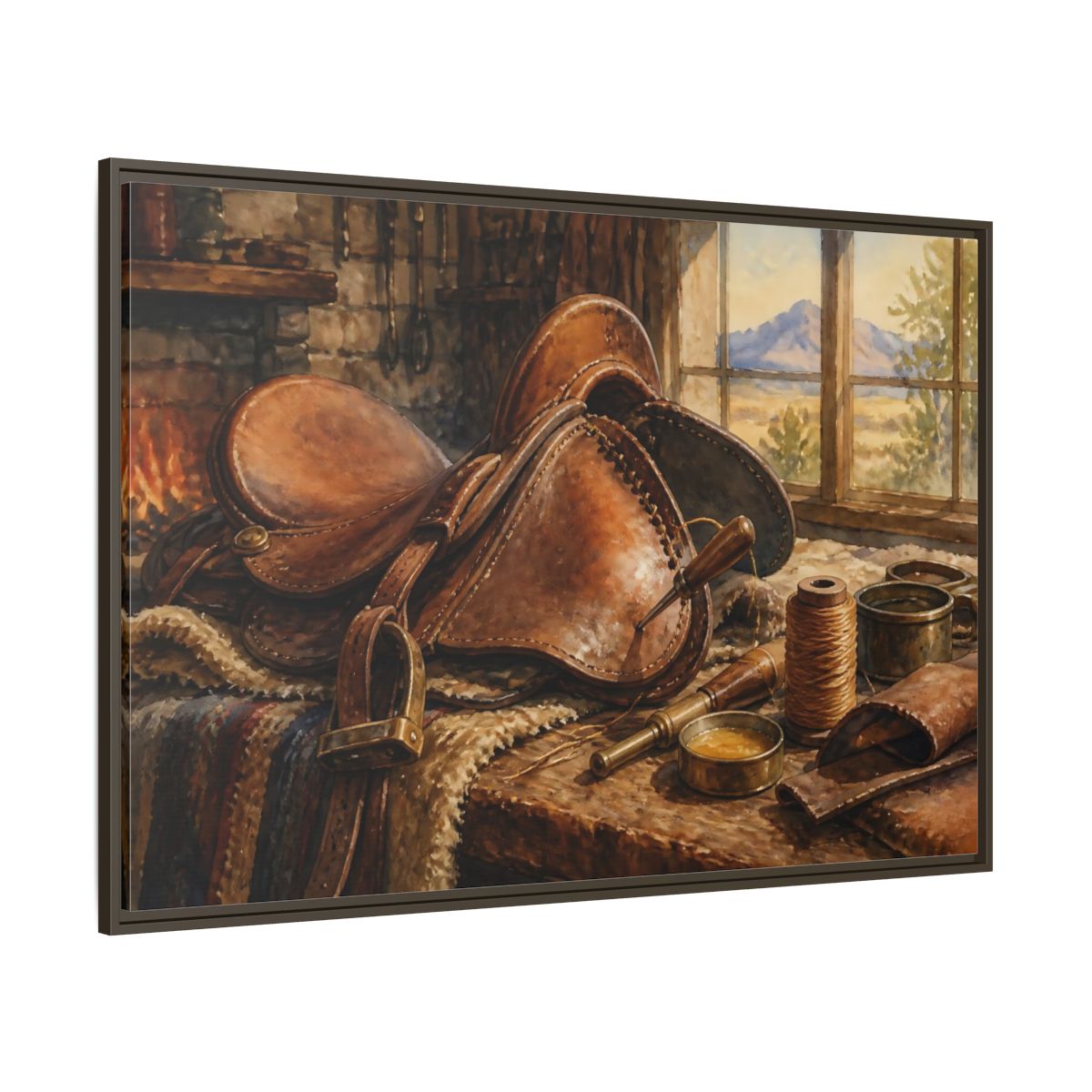 Side Mockup 8. Saddle Repair Workshop shown as framed canvas print