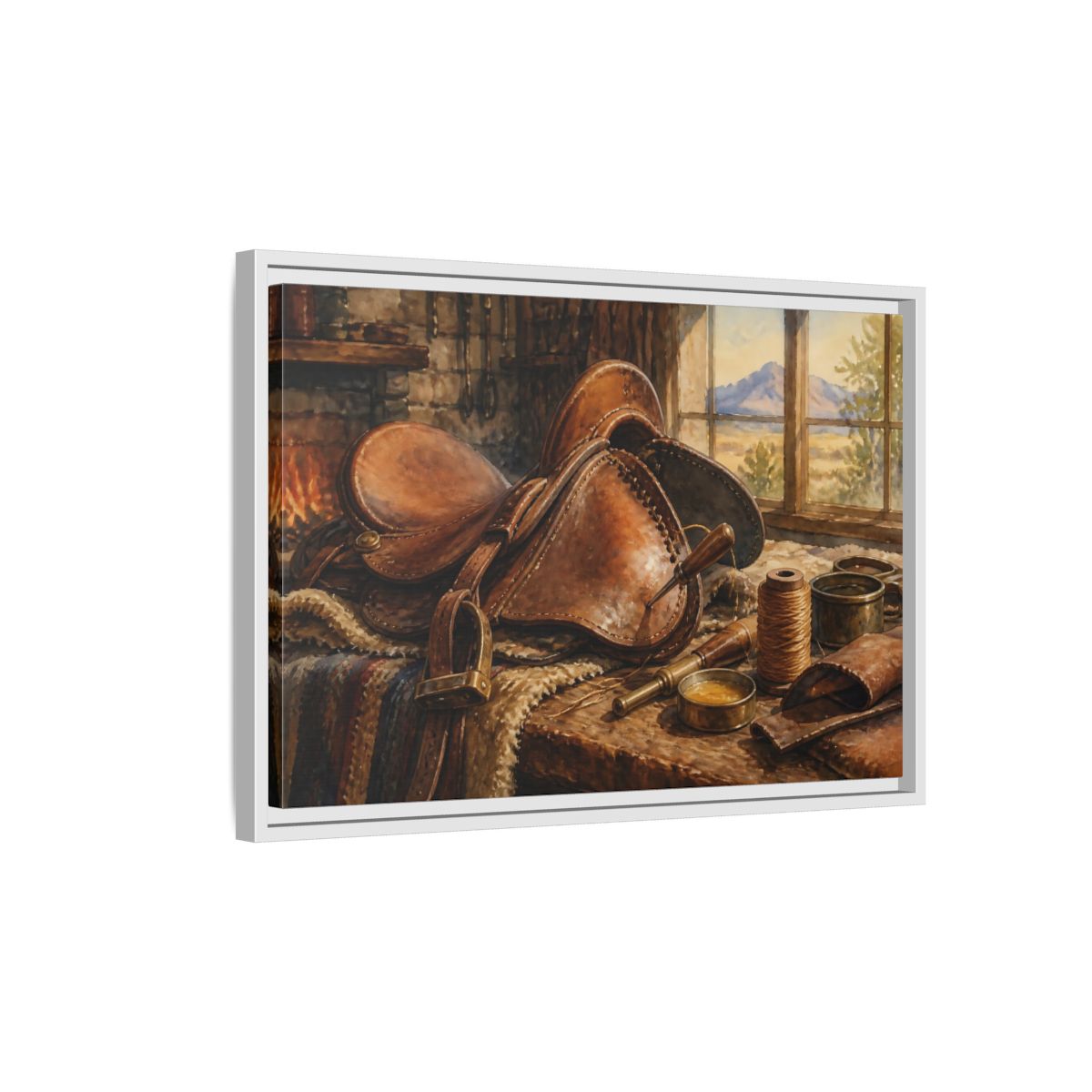 Side Mockup 1. Saddle Repair Workshop shown as framed canvas print