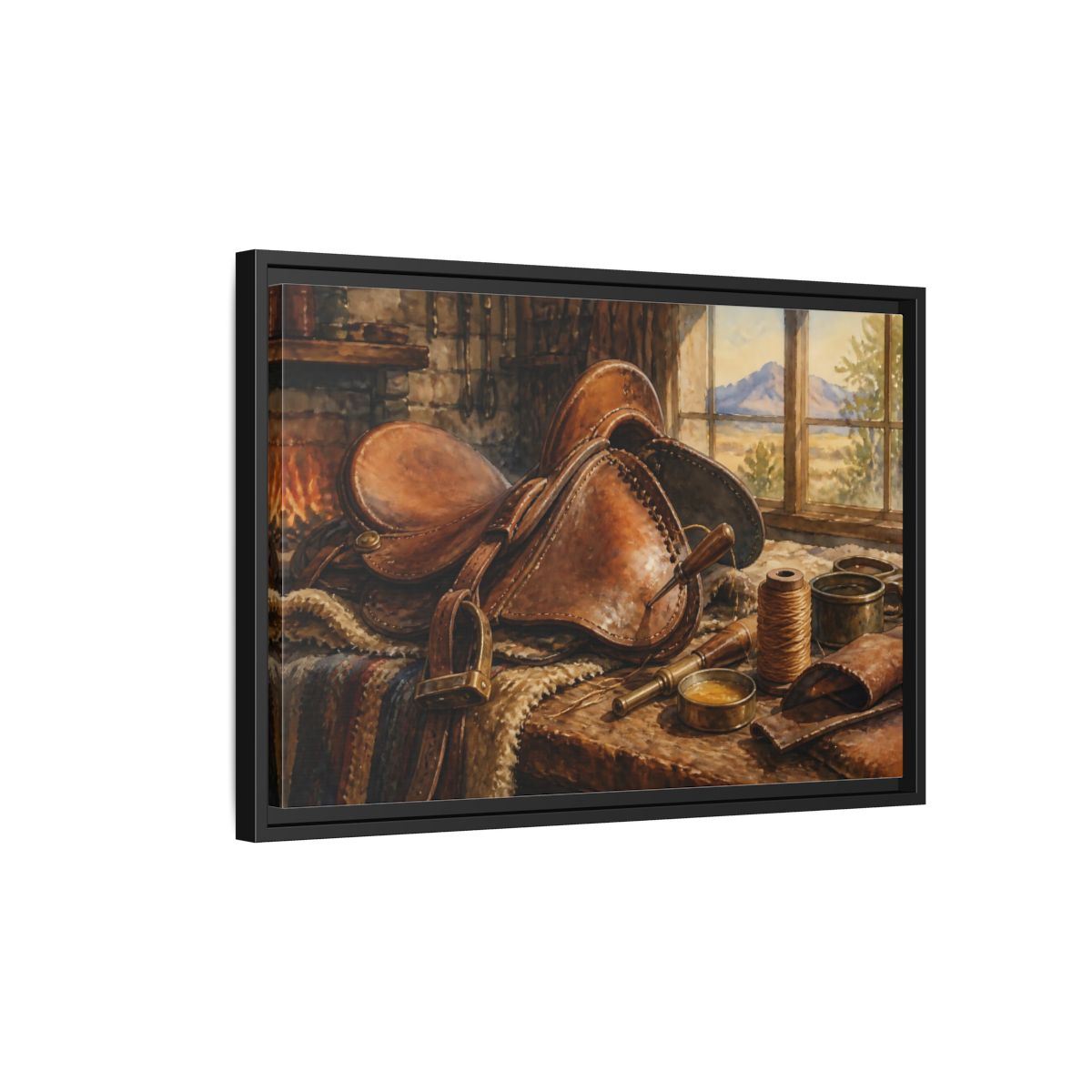 Side Mockup 3. Saddle Repair Workshop shown as framed canvas print