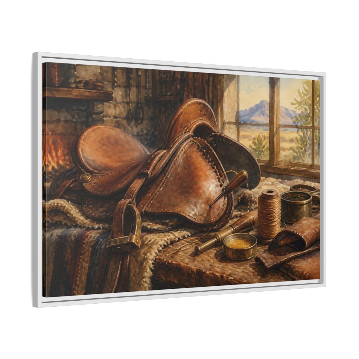 Side Mockup 9. Saddle Repair Workshop shown as framed canvas print