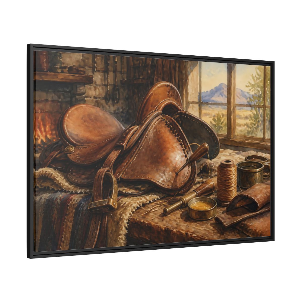 Side Mockup 12. Saddle Repair Workshop shown as framed canvas print