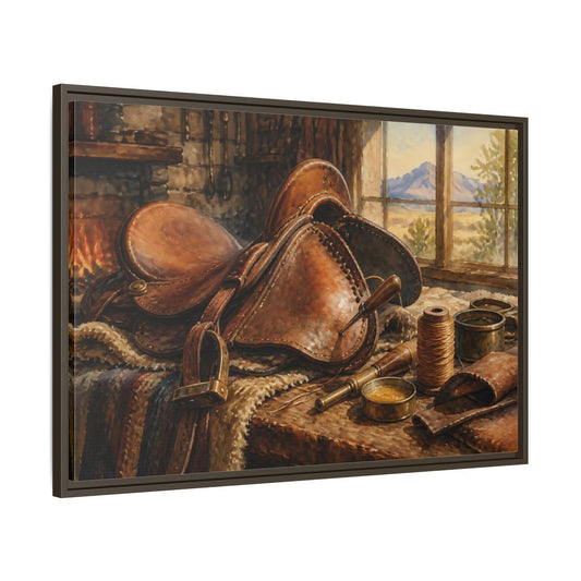 Main Mockup. Saddle Repair Workshop shown as framed canvas print
