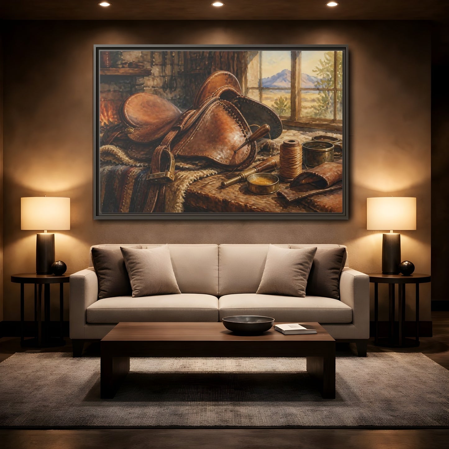 Mockup 2. Saddle Repair Workshop shown as framed canvas print