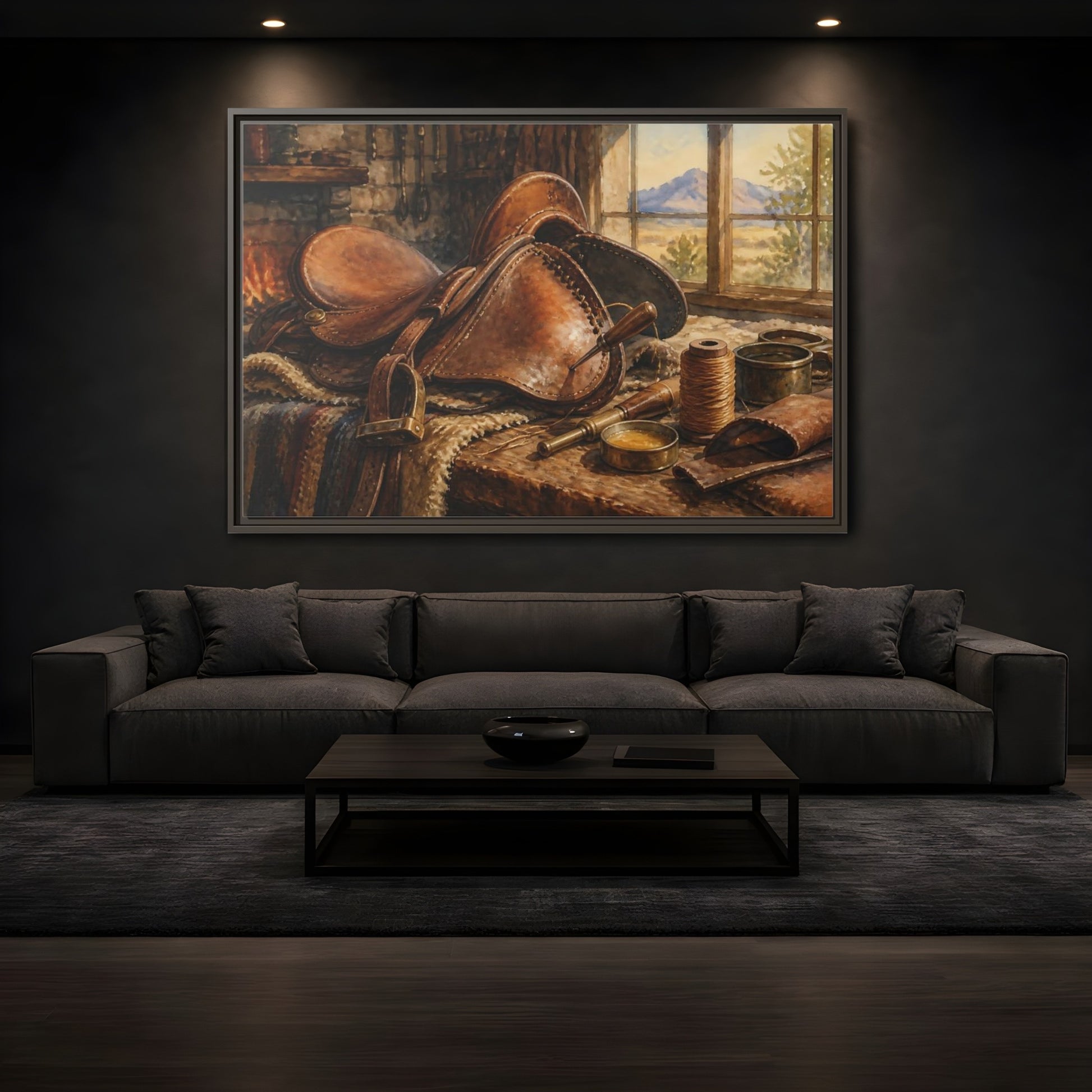 Mockup 3. Saddle Repair Workshop shown as framed canvas print
